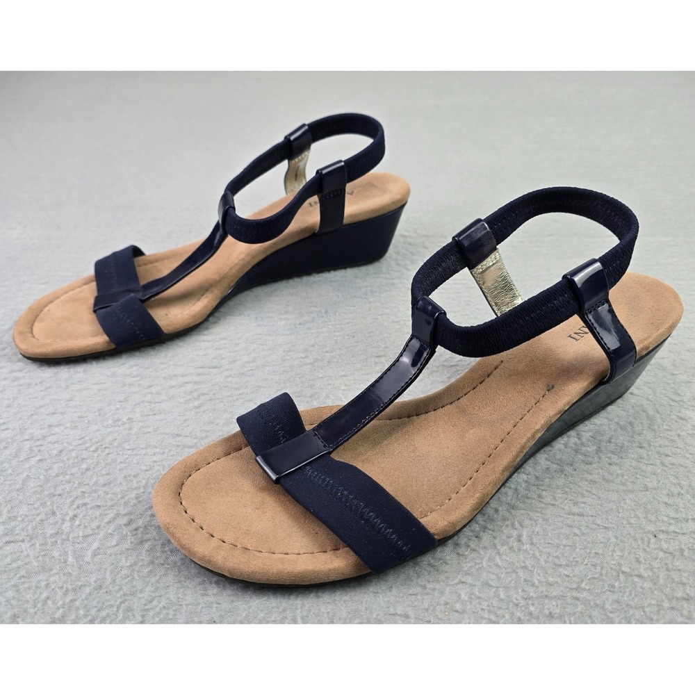 Alfani Size 10 Navy Blue T-Strap Wedge Sandals Comfort Slip-On Stretch Slingback - Picture 2 of 8